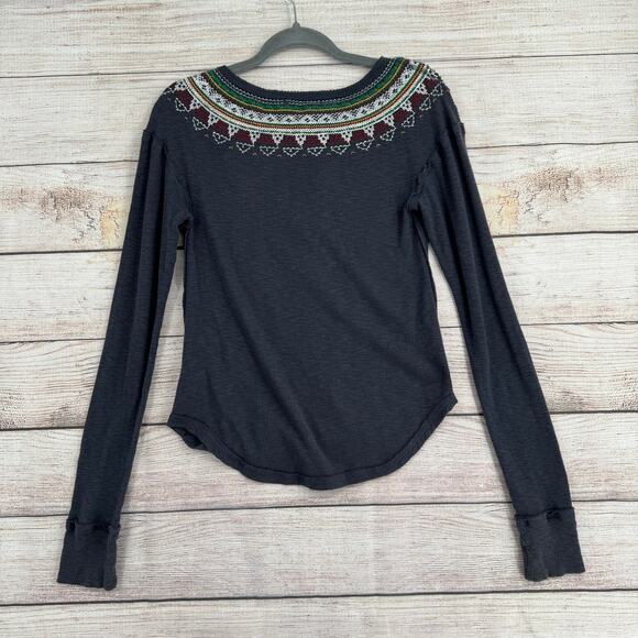 We the Free People Embroidered Henley Thermal Shirt Womens Small Blue Red Green - Picture 2 of 12